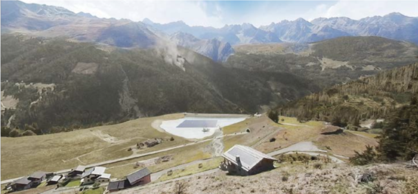 Le paysage futur dans le cadre d’une adaptation proactive au changement climatique (2085)
© Ikonaut GmbH
Image issue du rapport +4°C et plus: les paysages suisses face au changement climatique, Institut fédéral de recherches sur la forêt, la neige et le paysage WSL, 2023